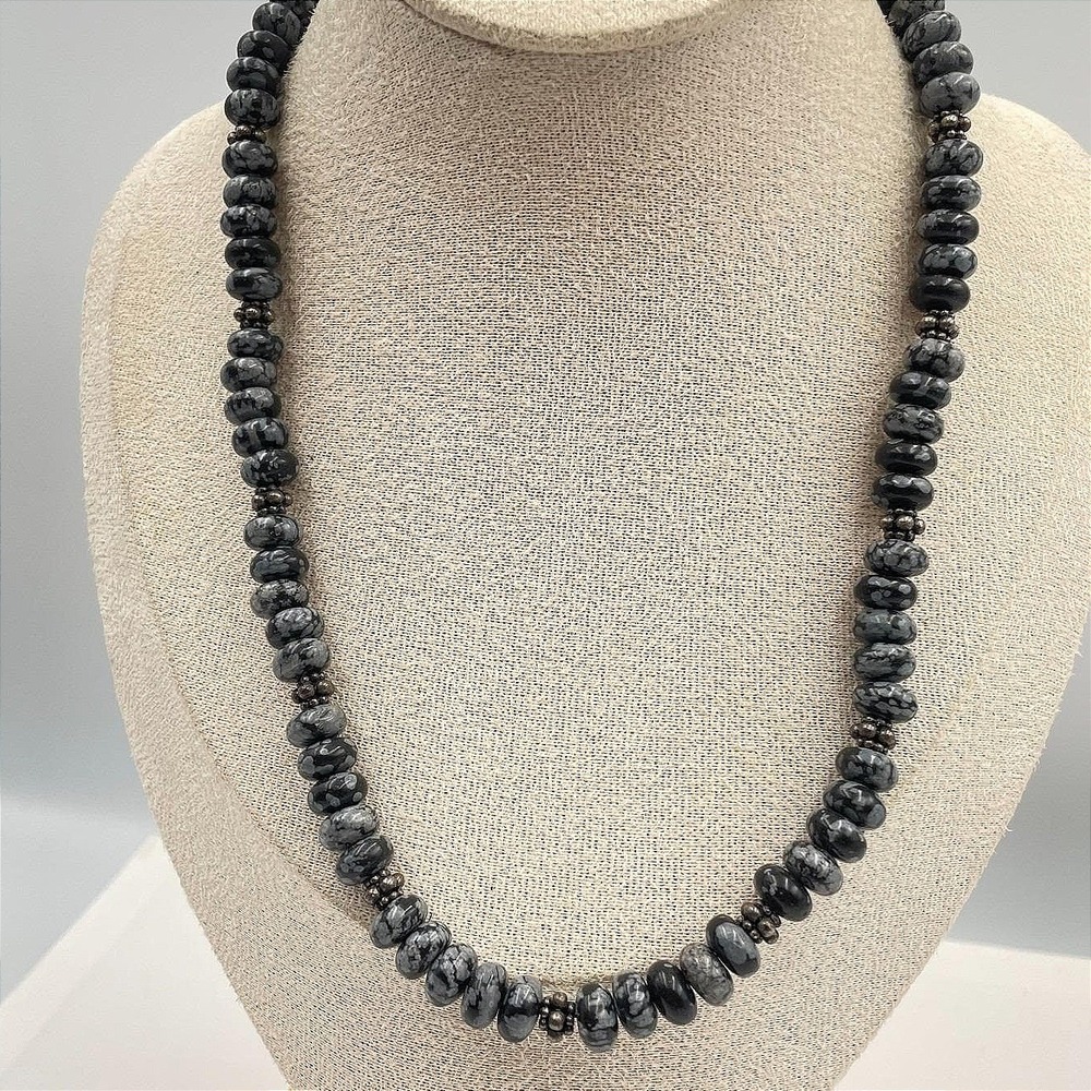 Vintage Snowflake Obsidian Necklace Women 16" Black Grey Excellent Beaded Toggle